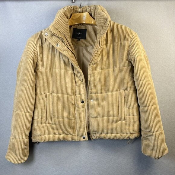 7 For All Mankind Corduroy Jacket Womens Size XS Crop Puffer Beige 81532 Trendy - Picture 1 of 14